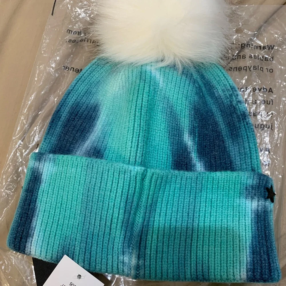 jocelyn Aqua Tie-Dye Beanie with White Pom